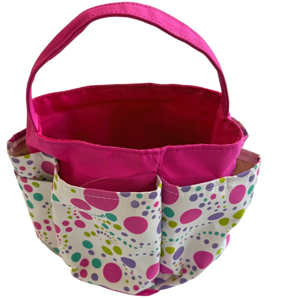 Craft Caddy Organizer Bag 6 Exterior Pockets Pink Polka Dot 5.5in Round Fabric